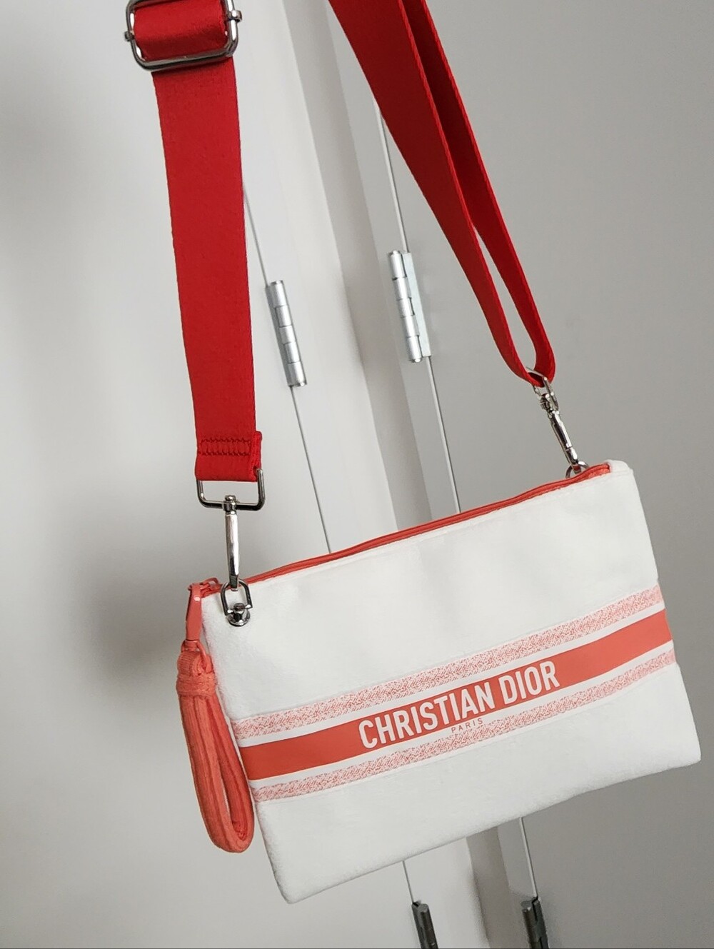Christian Dior terry cloth Towel Beach Zip Clutch Bag With Long Wide Red Strap